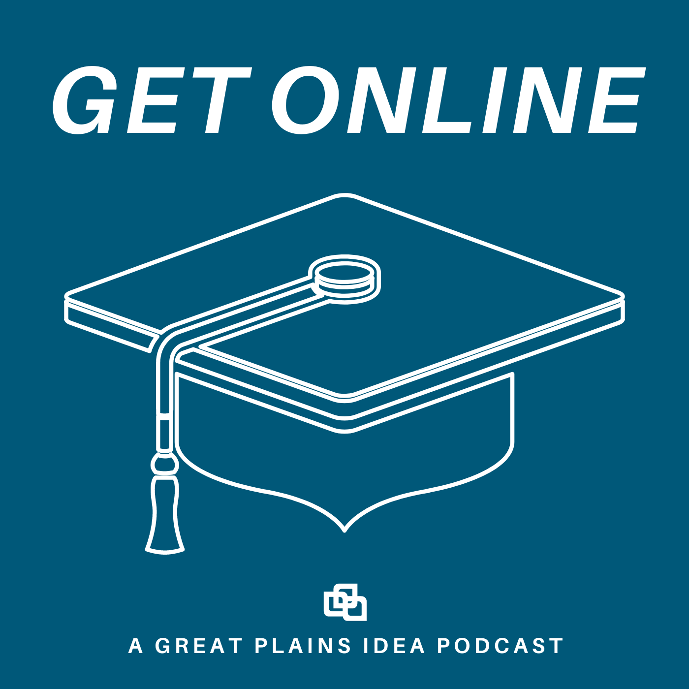 Podcast logo with graduation cap and title Get Online